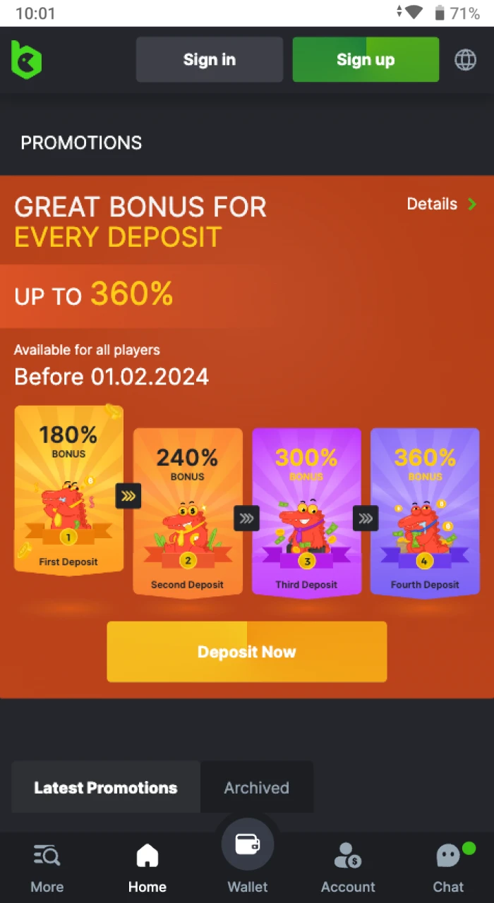 What the interface of the bonus screen of the BCGame APK looks like.