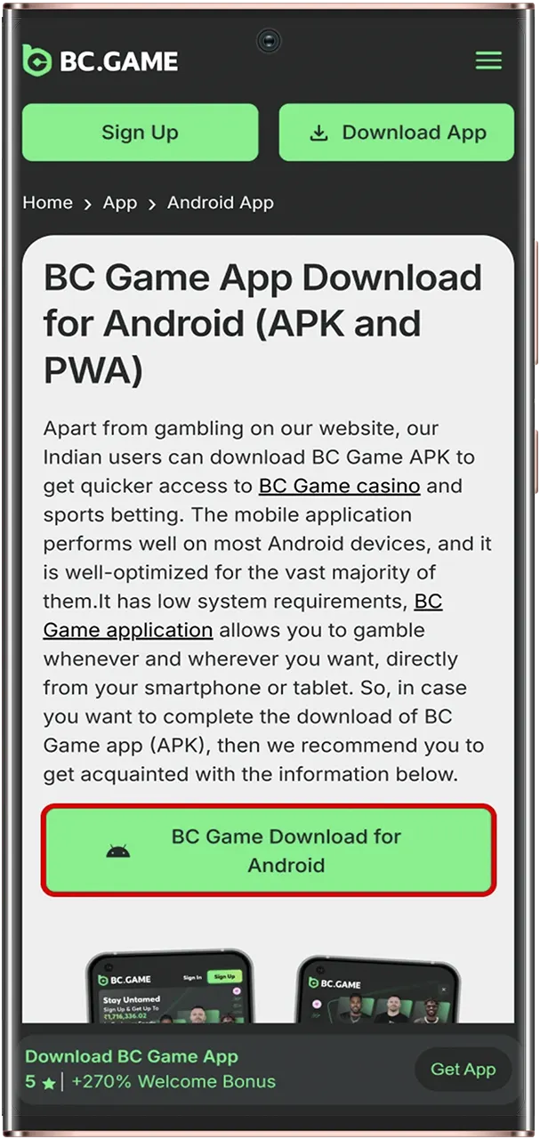 Find the Download for Android button to install the BC Game app.