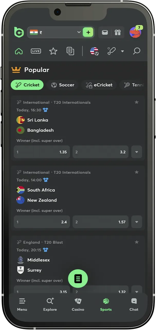 Select a sports section or casino to place bets at BC Game.