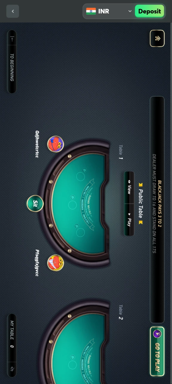 See the main menu of the blackjack game at BC Game.