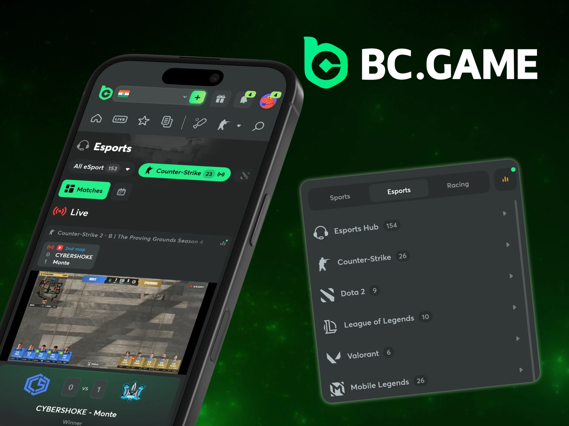 Install the official BC Game app to bet on eSports.