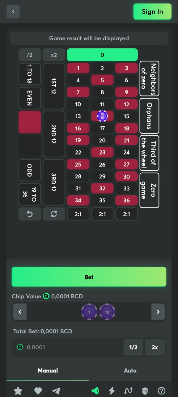 Start placing manual bets on BC Game's roulette game.