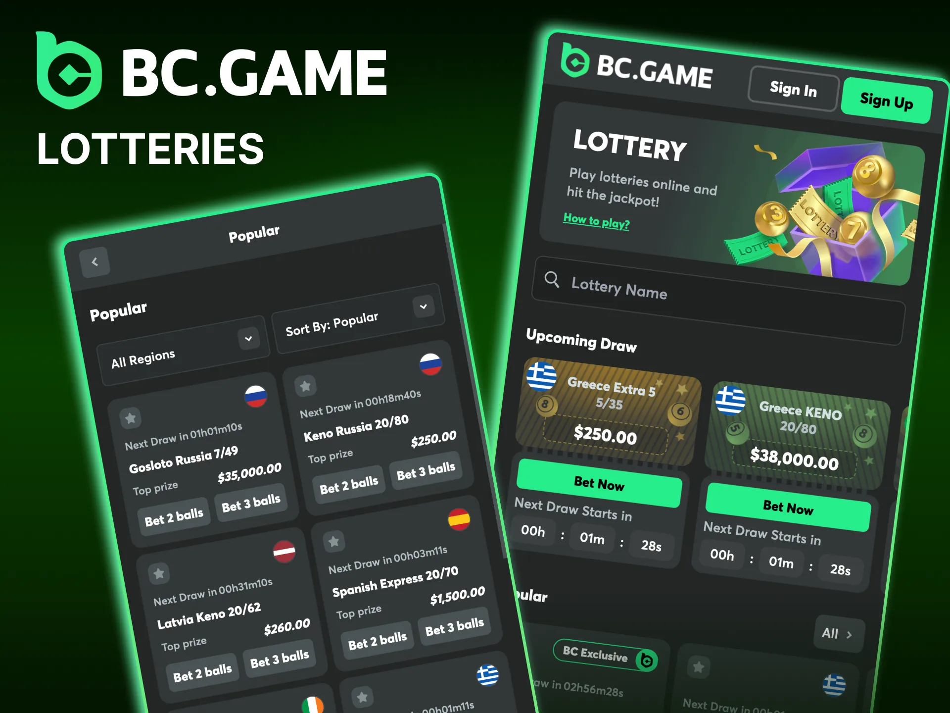 What games are there in the lottery section at BC Game in India.