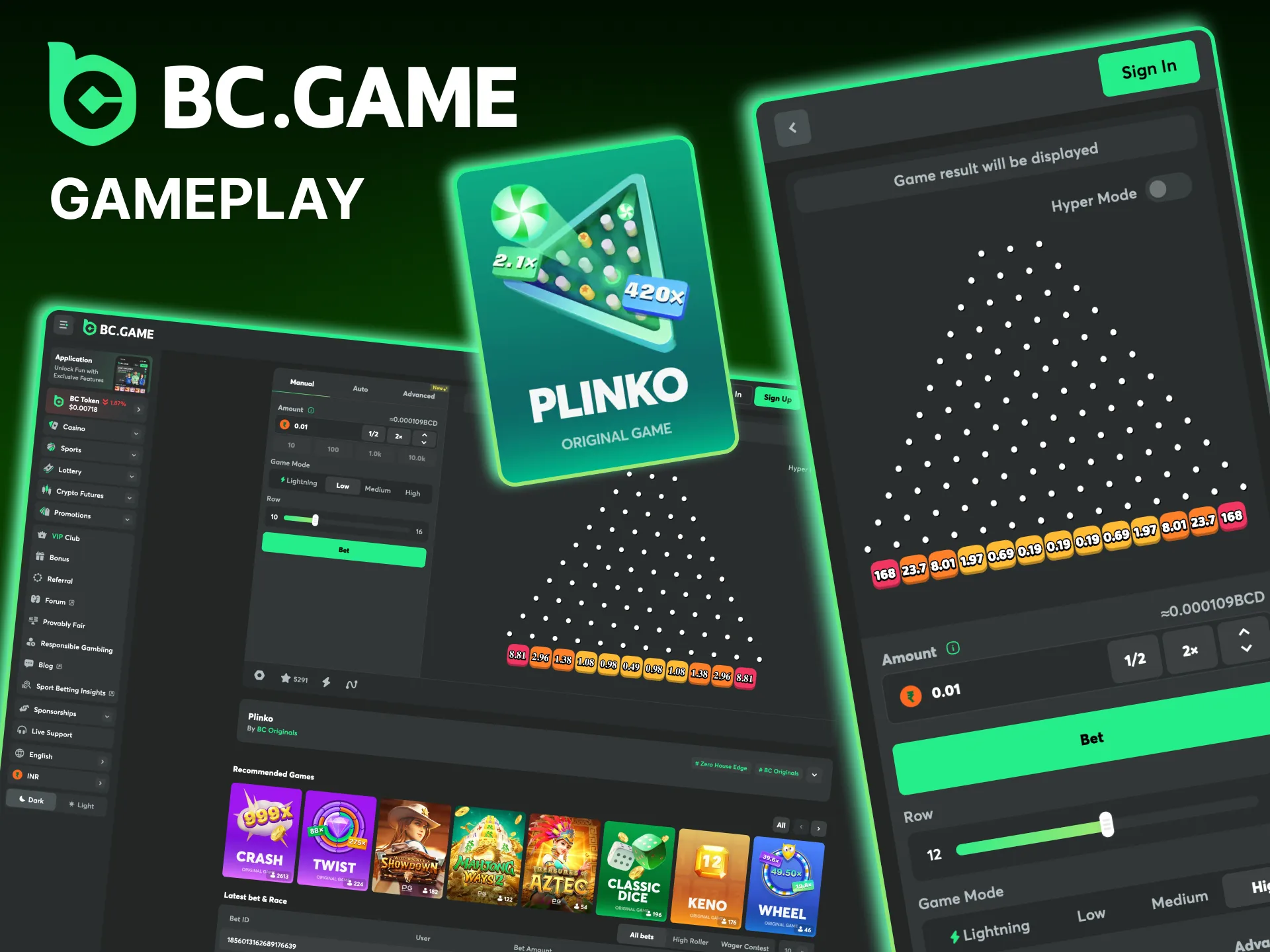 Select the basic parameters and start playing Plinko at BC Game.