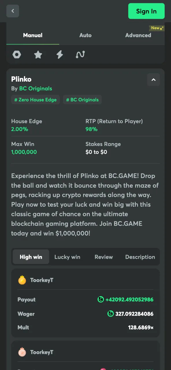 Familiarize yourself with the basic parameters of Plinko at BC Game.