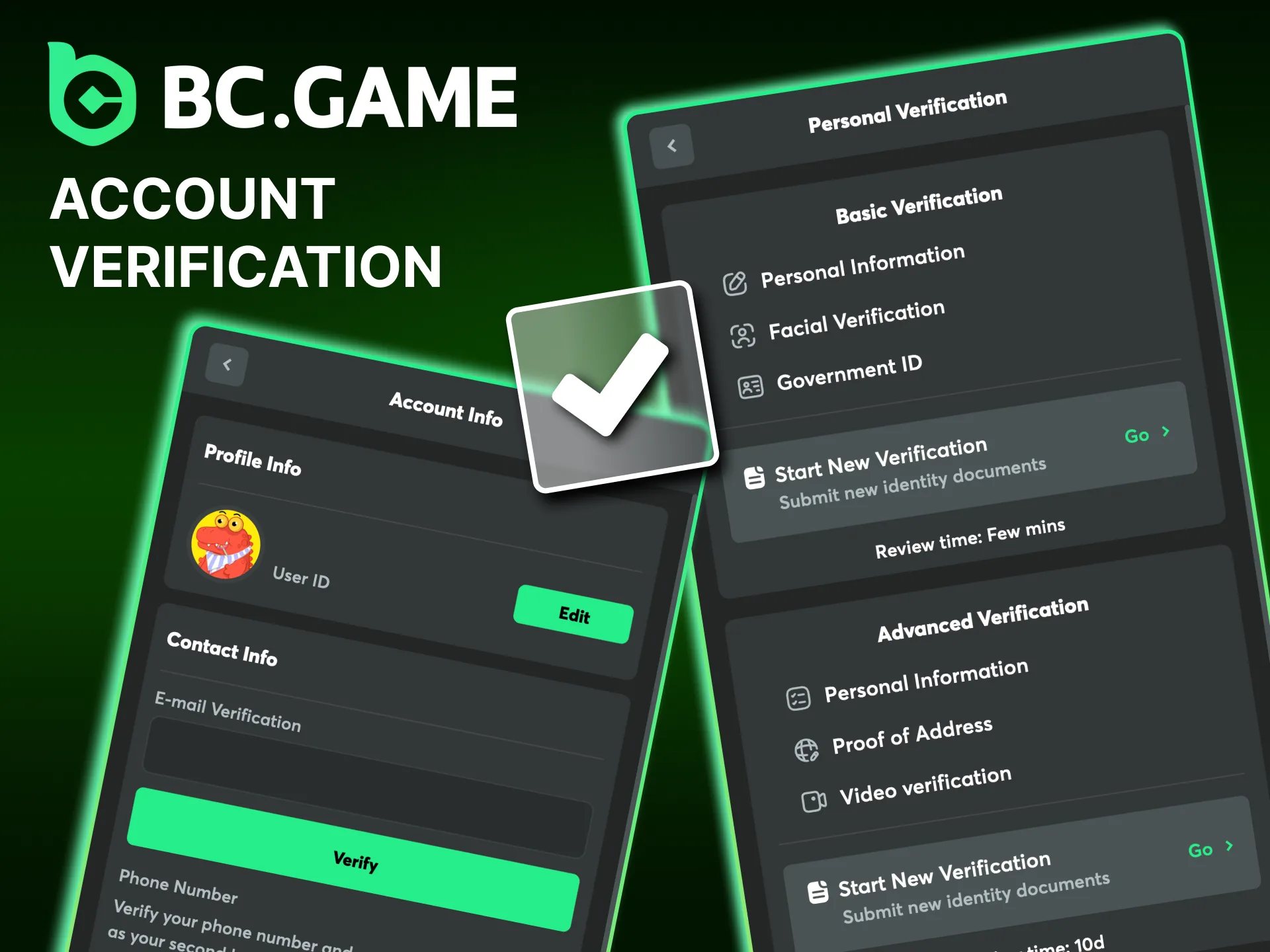Instructions on how to verify your account on the BC Game casino website.