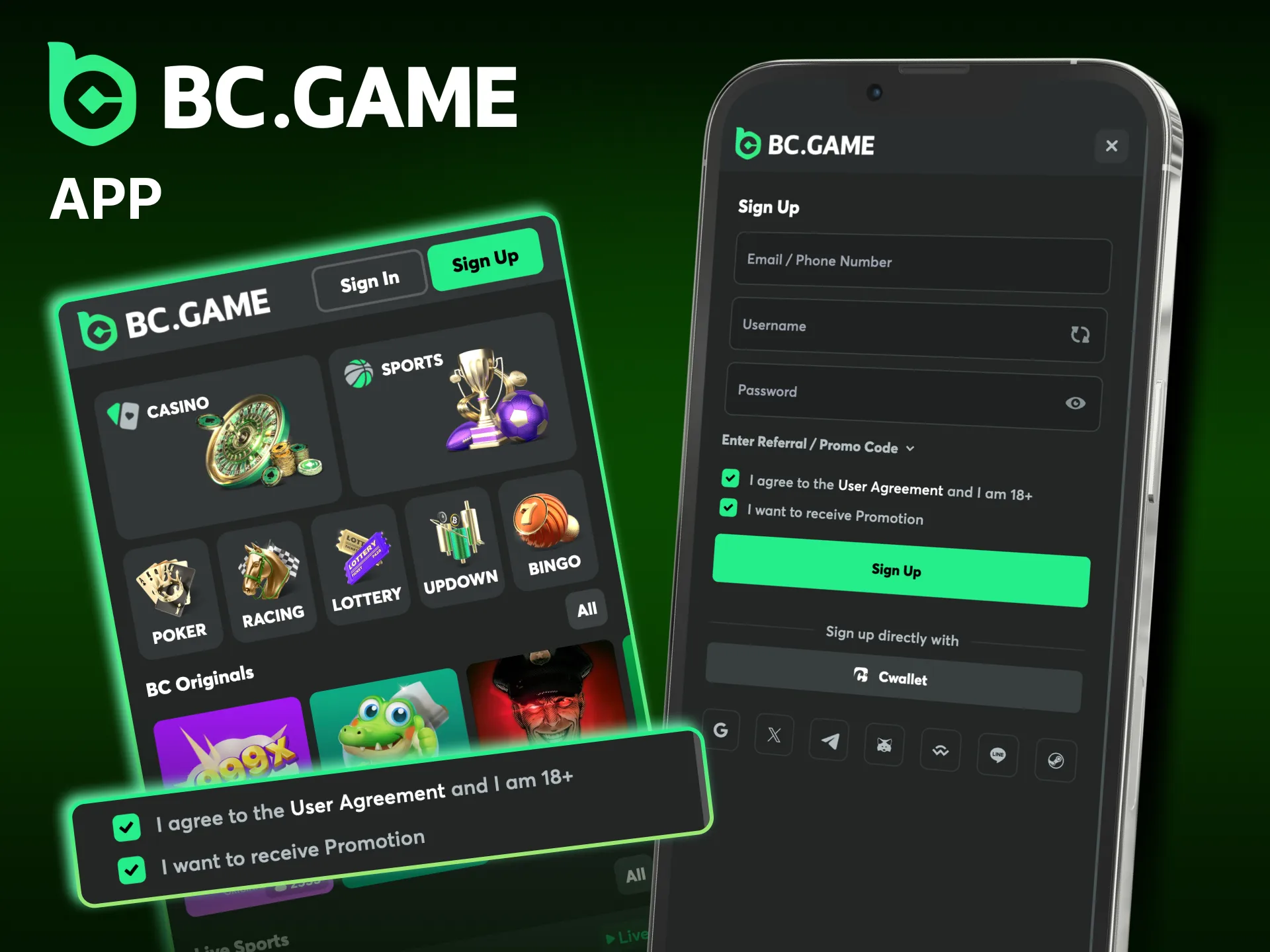 How to create an account in the BC Game casino mobile application.