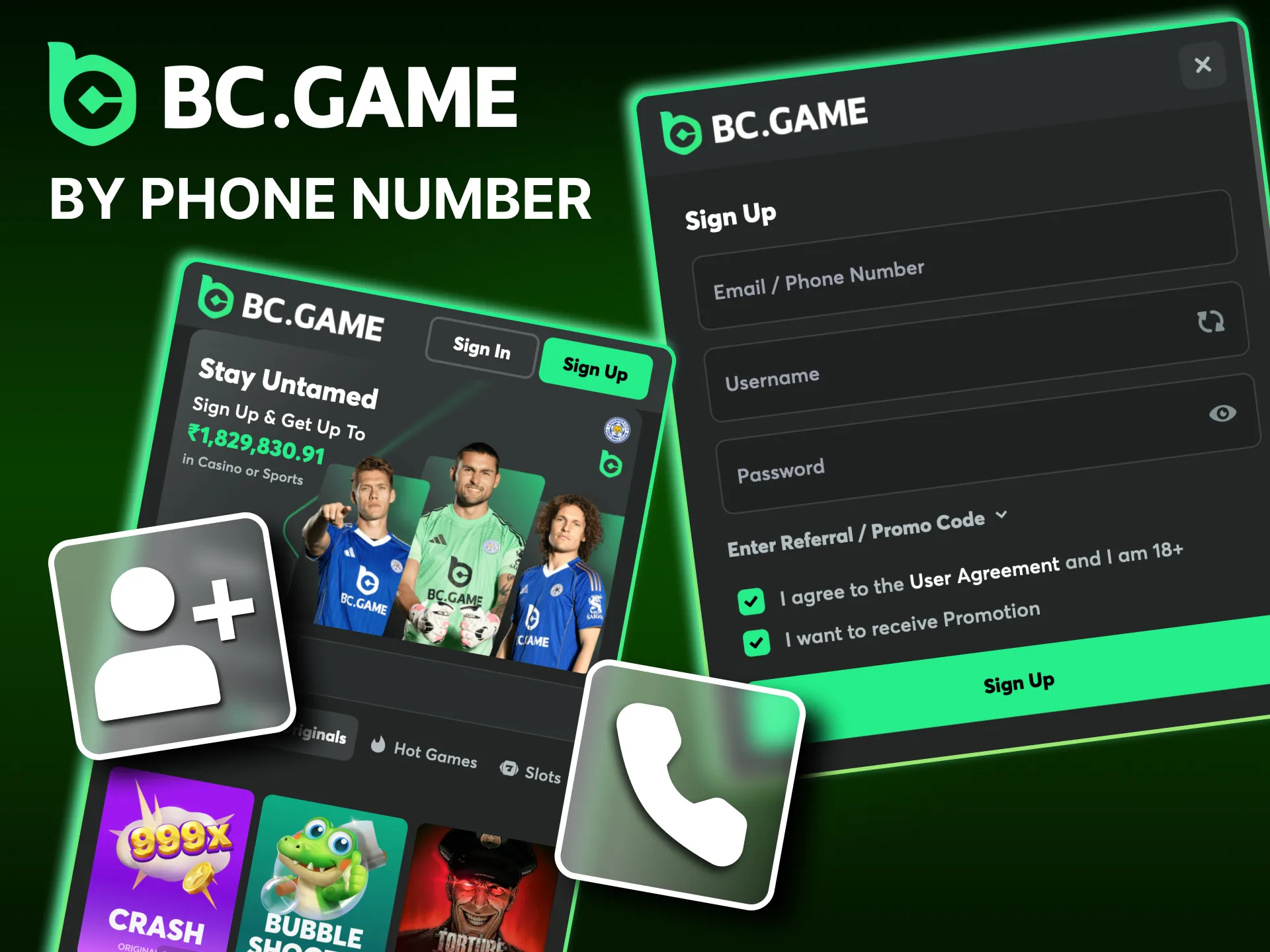 Can I create a new account using a phone number on the BC Game online casino website.