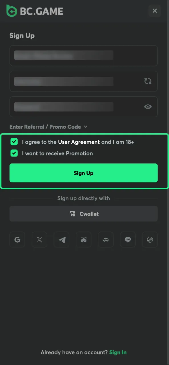 Confirm your registration by email at BC Game.