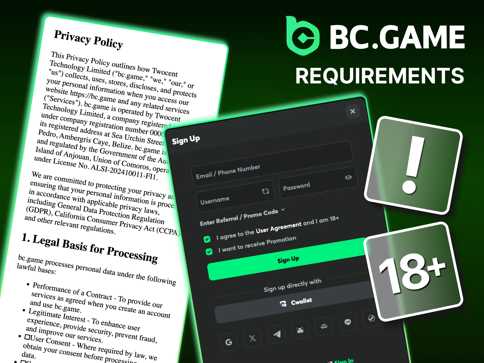 What are the requirements for registering a gaming account on the BC Game casino website.