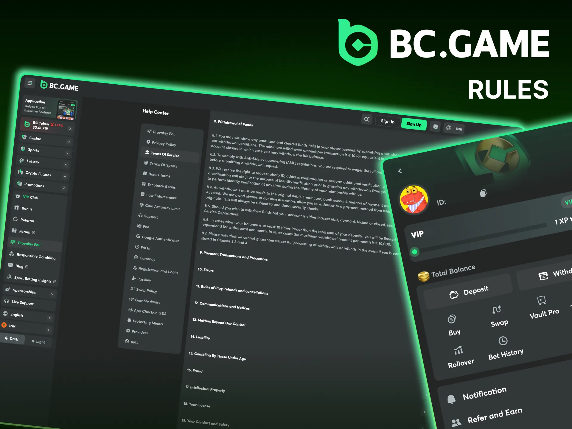 What are the conditions for withdrawing money from the BC Game website.